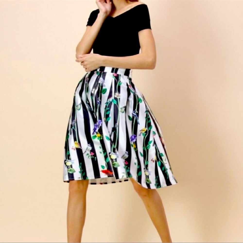 NWT Chicwish Satin Birdie Floral Choir Striped A-line Midi Skirt Bird Large